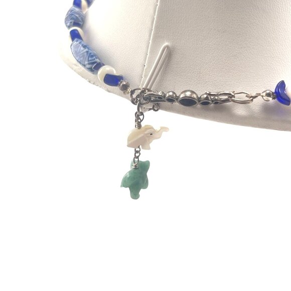 Handcrafted Blue & White Beaded Necklace With Jade Elephant Charm - Picture 9 of 11